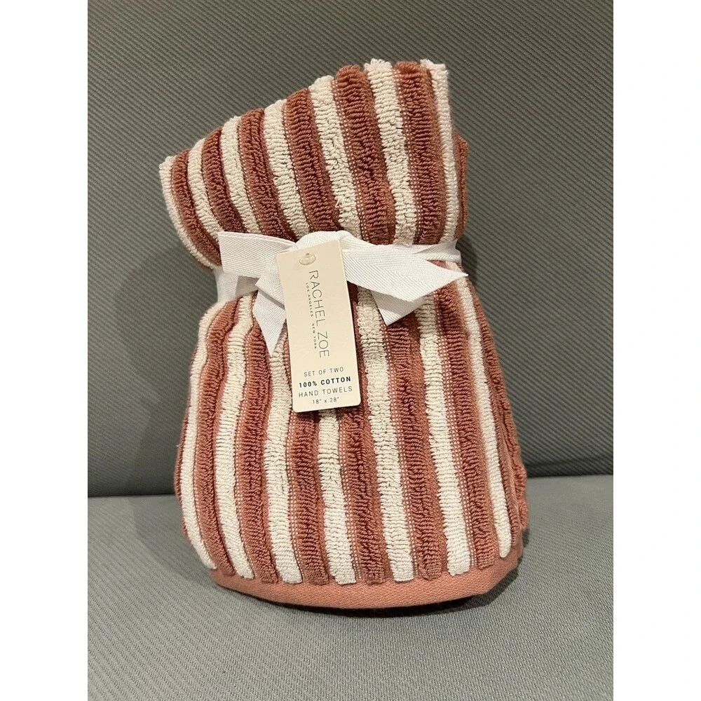 Rachel Zoe Hand Towels 2 Piece Stripe & Solid Cotton New